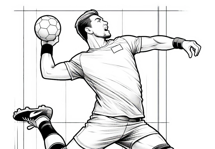El jugador de balonmano lanza la pelota con todas sus fuerzas – Dibujo para colorear para niños