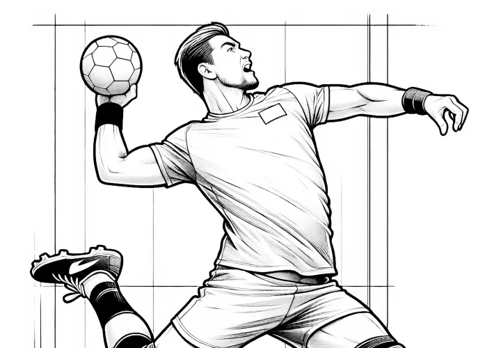 Rankininkas meta kamuolį visu pajėgumu – piešimo paveikslėlis vaikams