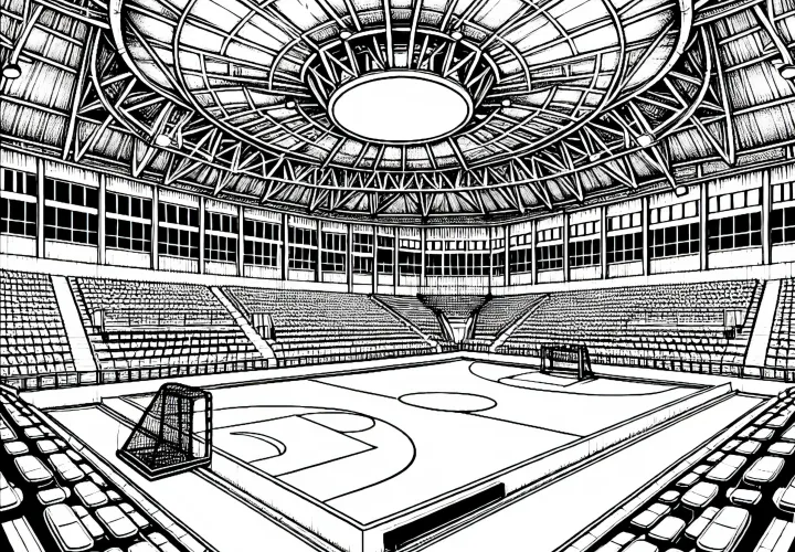 Rankinio aikštelė salėje – Detali nemokama spalvinimo knygelė