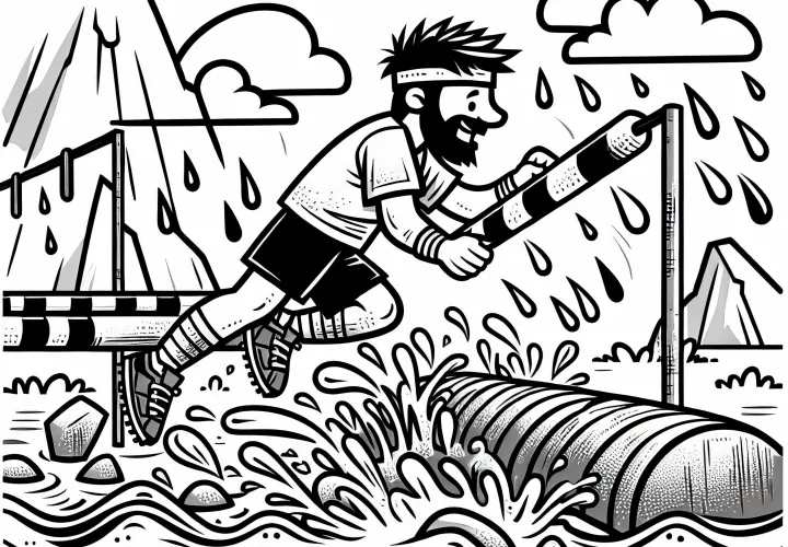 Obstacle runner struggles through water – Free coloring page