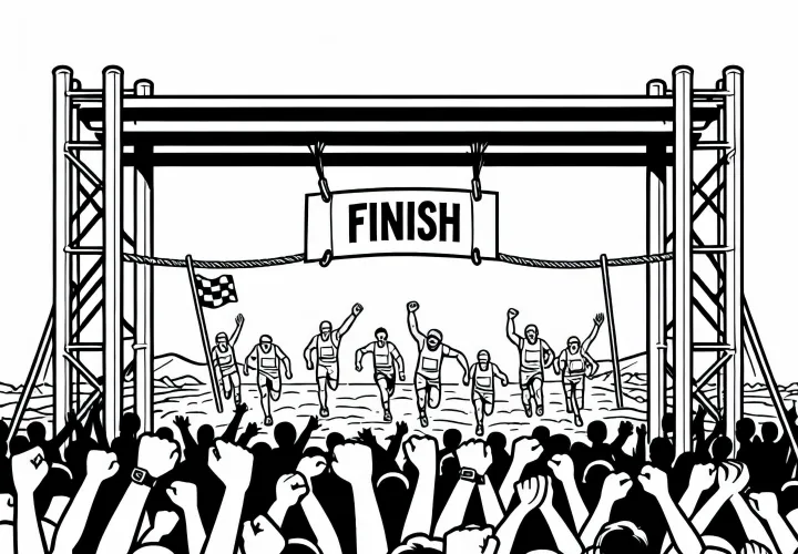 Finish line in the obstacle course with cheering spectators – Free coloring page