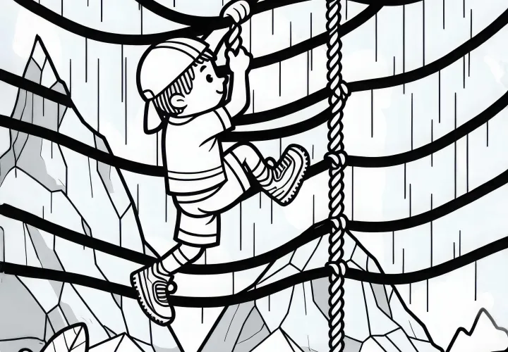 Obstacle runner climbs a wall made of ropes – Coloring page simple free
