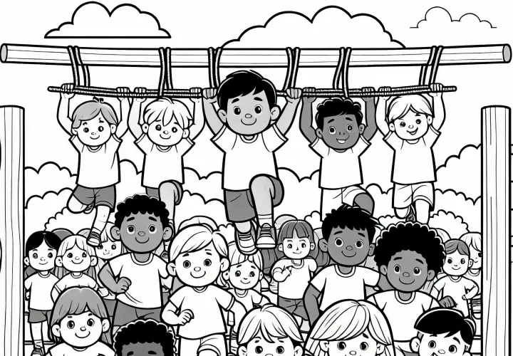 Children at the obstacle course – free coloring page