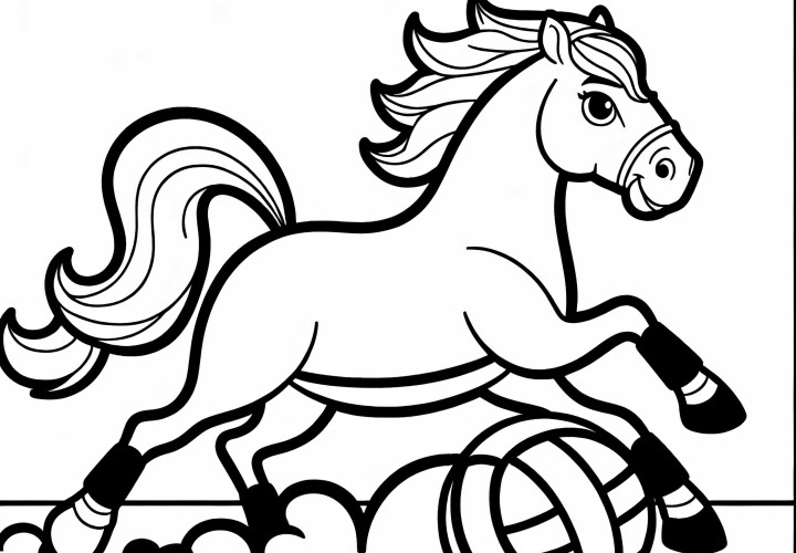 Caballo galopa sobre el campo de Horseball - Dibujo para colorear fácil y gratis