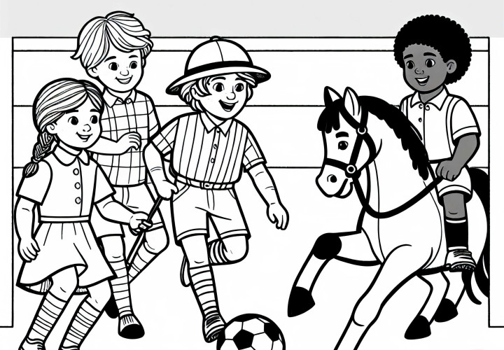 Los niños juegan a Horseball - Dibujo para colorear sencillo y gratuito