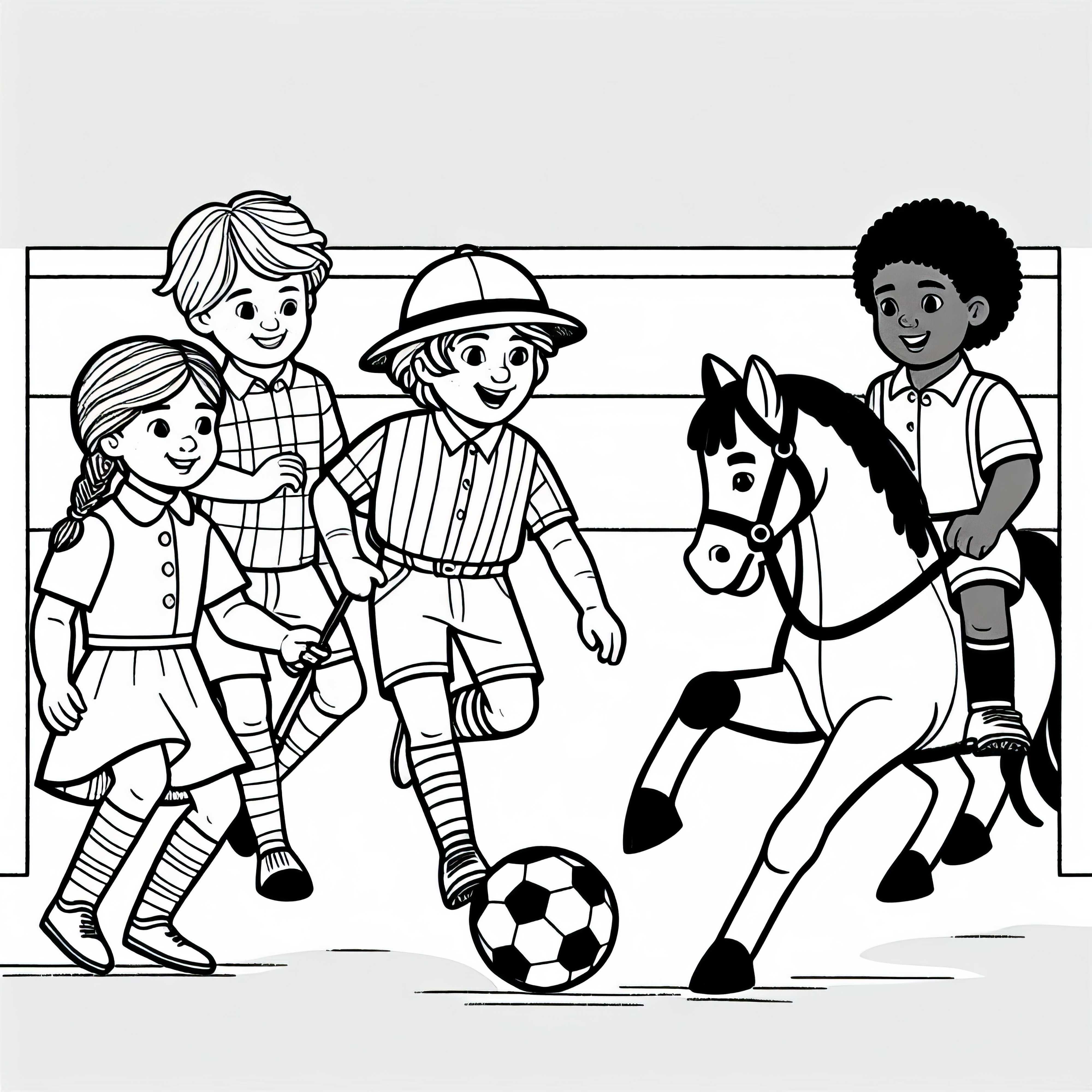 Niños juegan Horseball - Dibujo para colorear fácil gratis