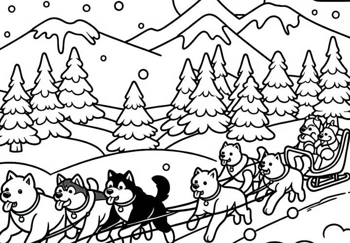 Dog team runs in the sled race through snowy landscape - Free coloring page