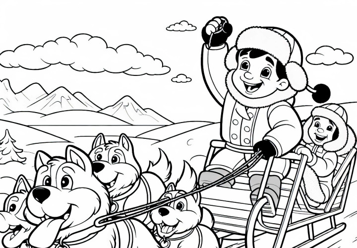 Gambar mewarnai dari perlombaan kereta anjing gratis untuk diunduh