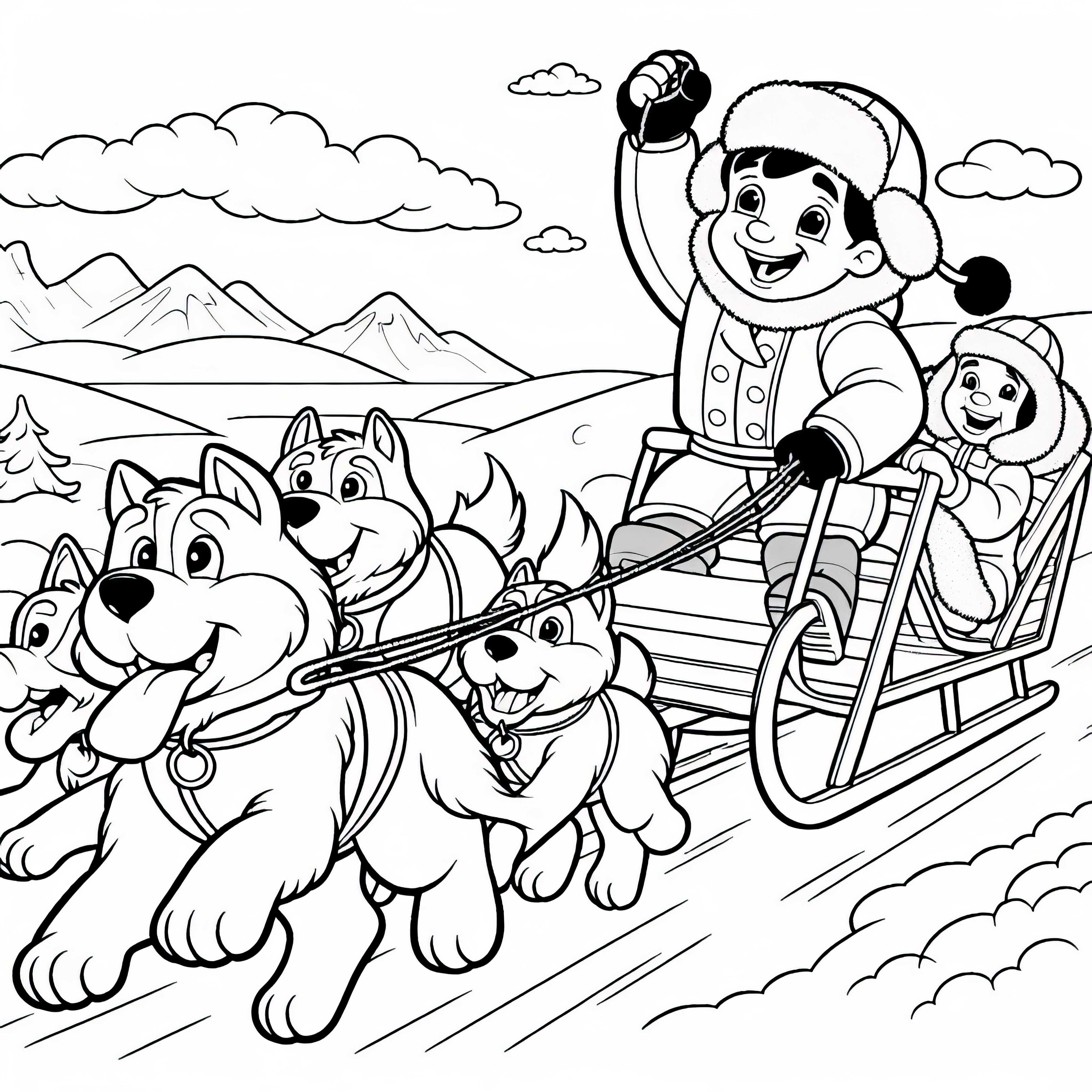 Gambar mewarnai perlombaan anjing sled gratis untuk diunduh