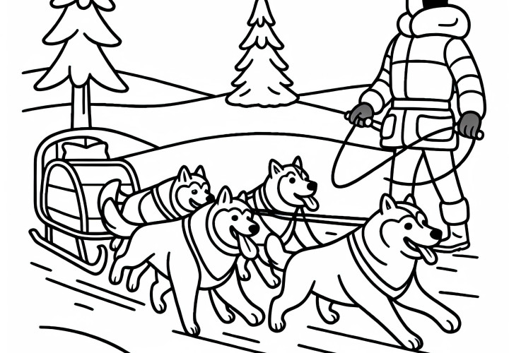 Gambar pewarnaan gratis untuk perlombaan anjing sleigh sederhana