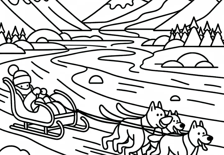 Sled glides over icy river in dog sledding race – free coloring page