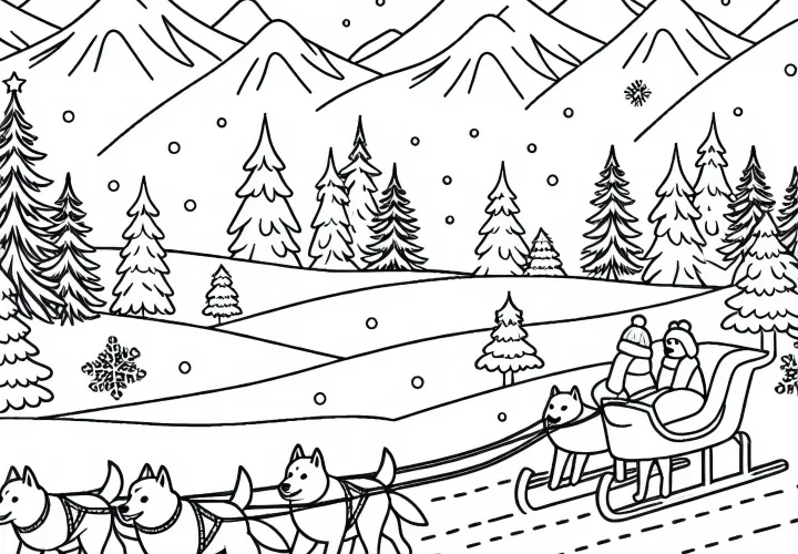 Snowy landscape for dog sled racing - Coloring page free