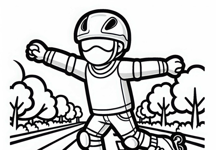 Inline-Skater fährt mit ausgestreckten Armen die Straße hinunter – Ausmalbild kostenlos