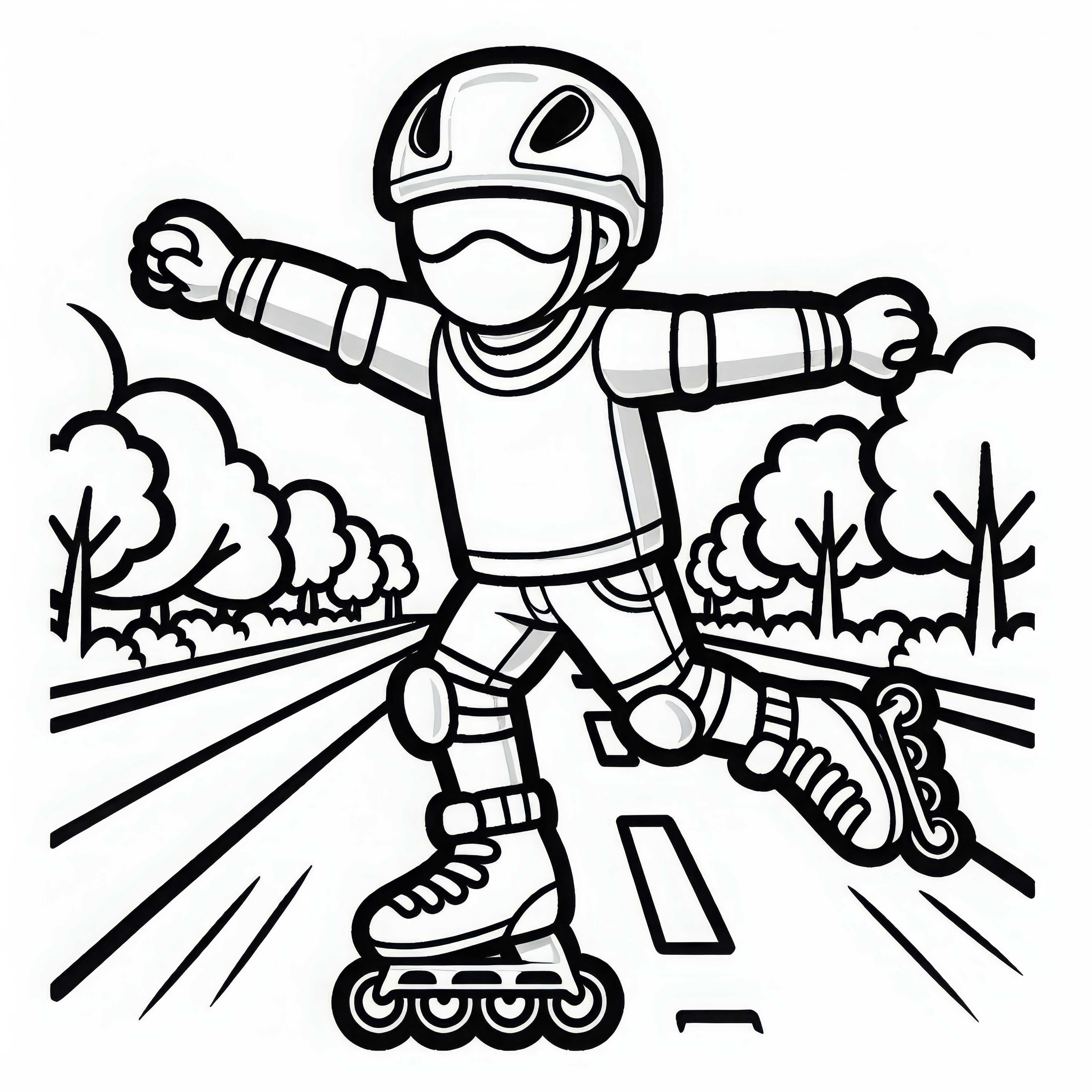 Inline-Skater fährt mit ausgestreckten Armen die Straße hinunter – Ausmalbild kostenlos