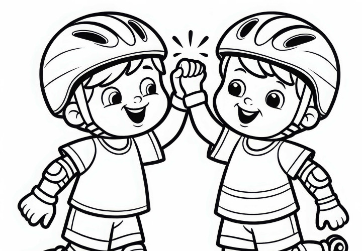 Zwei Freunde fahren auf Inline-Skates und geben sich High-Five – Ausmalbild kostenlos