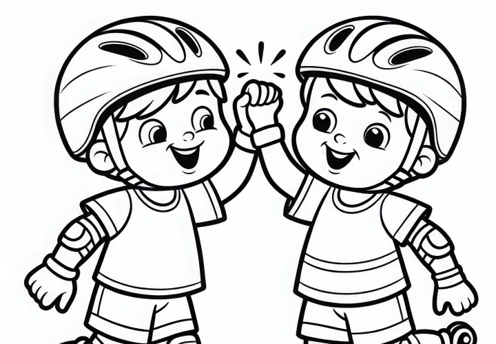 Two friends are rollerblading and giving each other high-fives - free coloring page