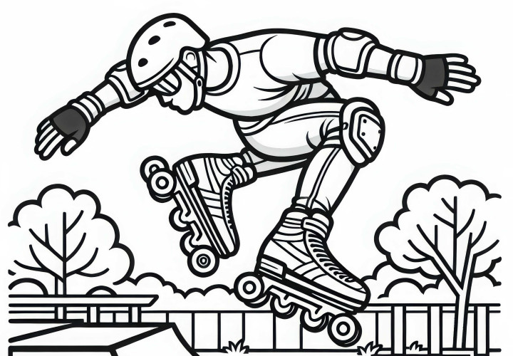 Inline-Skater springt über Rampe im Skatepark – Ausmalbild kostenlos