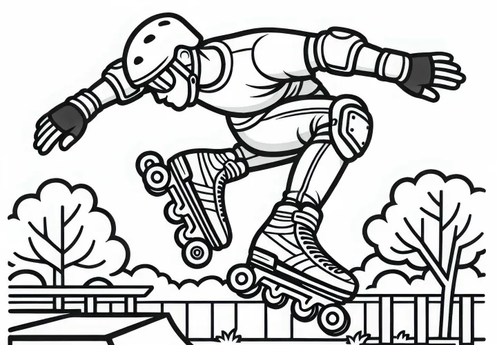 Inline skater jumps over ramp in skatepark – Free coloring page