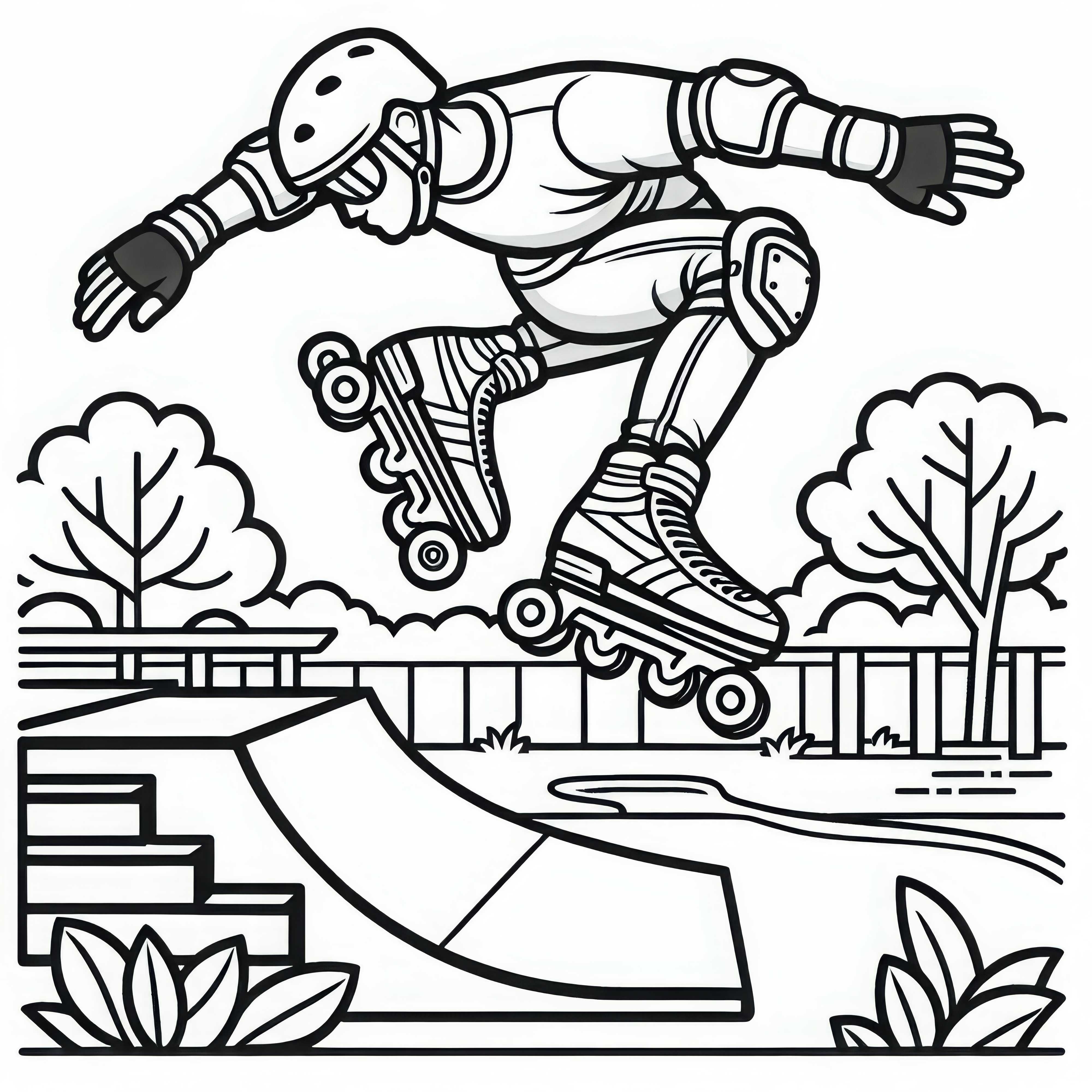 Inline-Skater springt über Rampe im Skatepark – Ausmalbild kostenlos