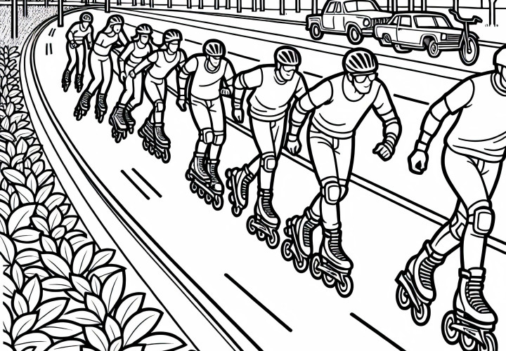 Gruppe Inline-Skater auf Fahrradweg Malvorlage Kostenlos