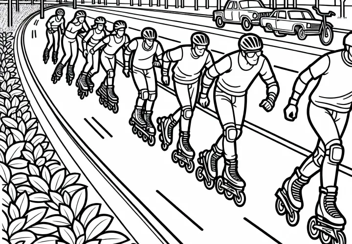 Group of inline skaters on bicycle path coloring page free