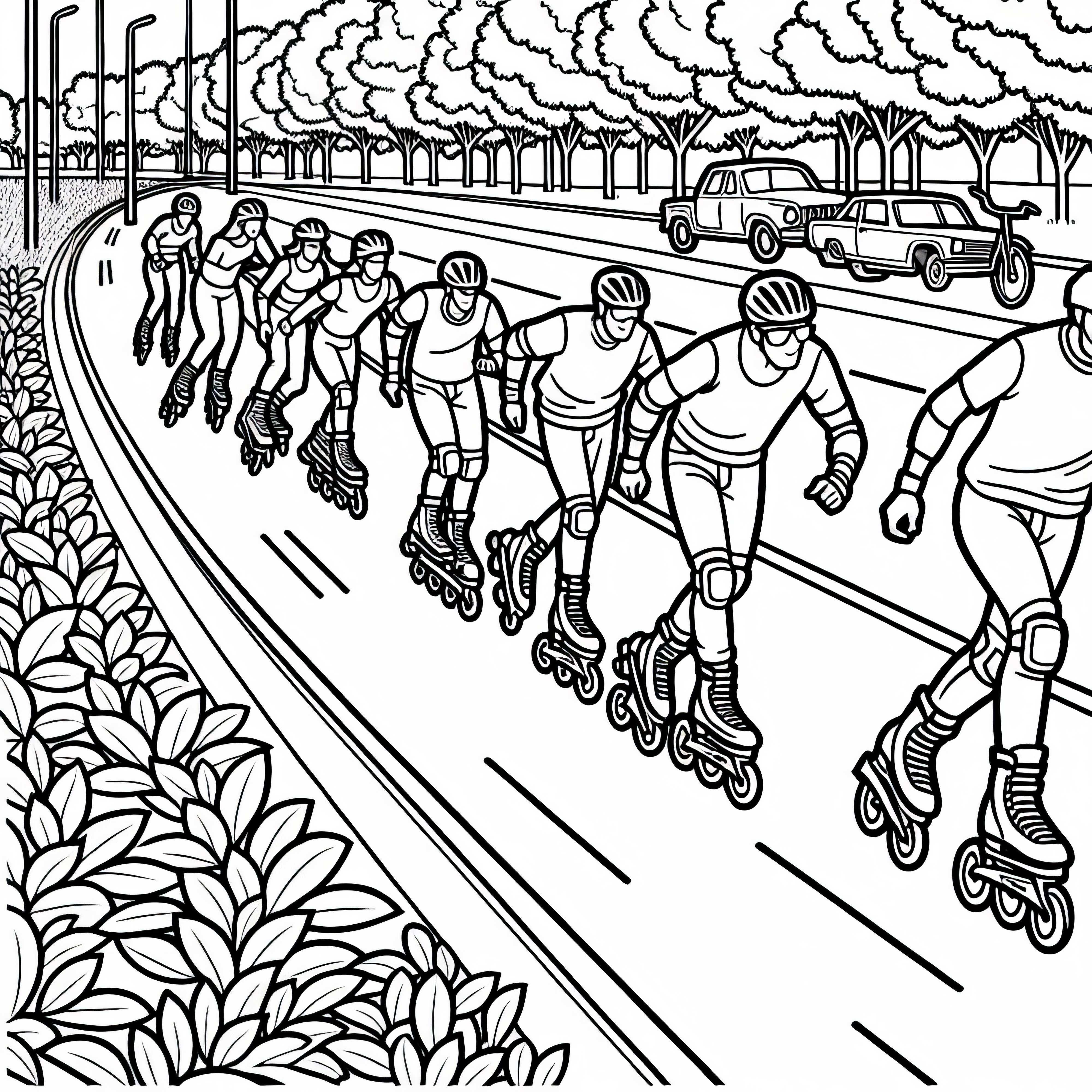 Gruppe Inline-Skater auf Fahrradweg Malvorlage Kostenlos