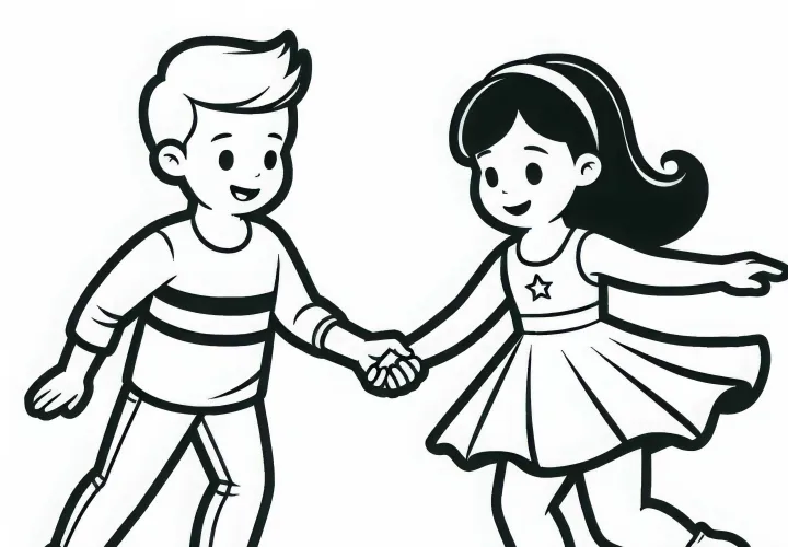 Two inline skaters are holding hands: free coloring page