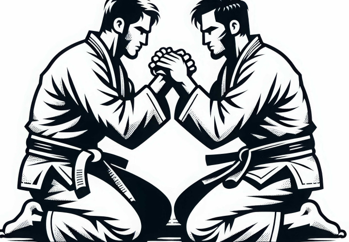 Zwei Kämpfer beim Jiu-Jitsu – Malvorlage kostenlos