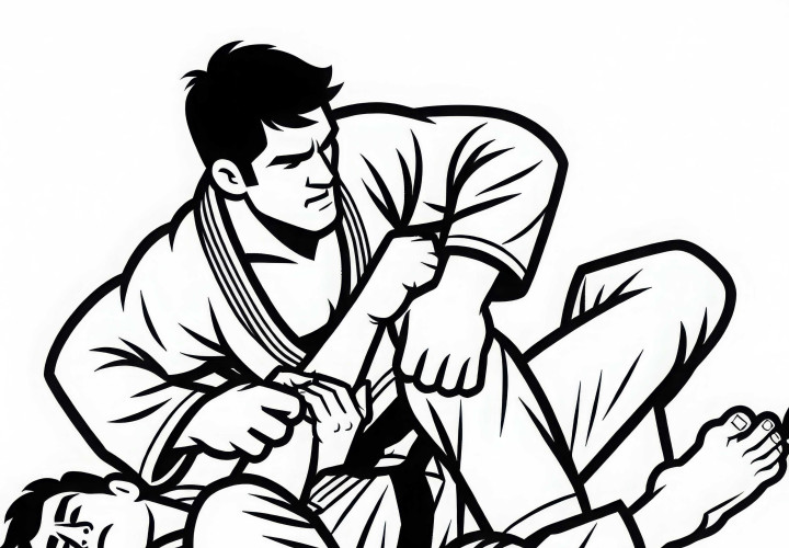 Kämpfer beim Jiu-Jitsu setzt Armbar-Hebel an – Ausmalbild kostenlos
