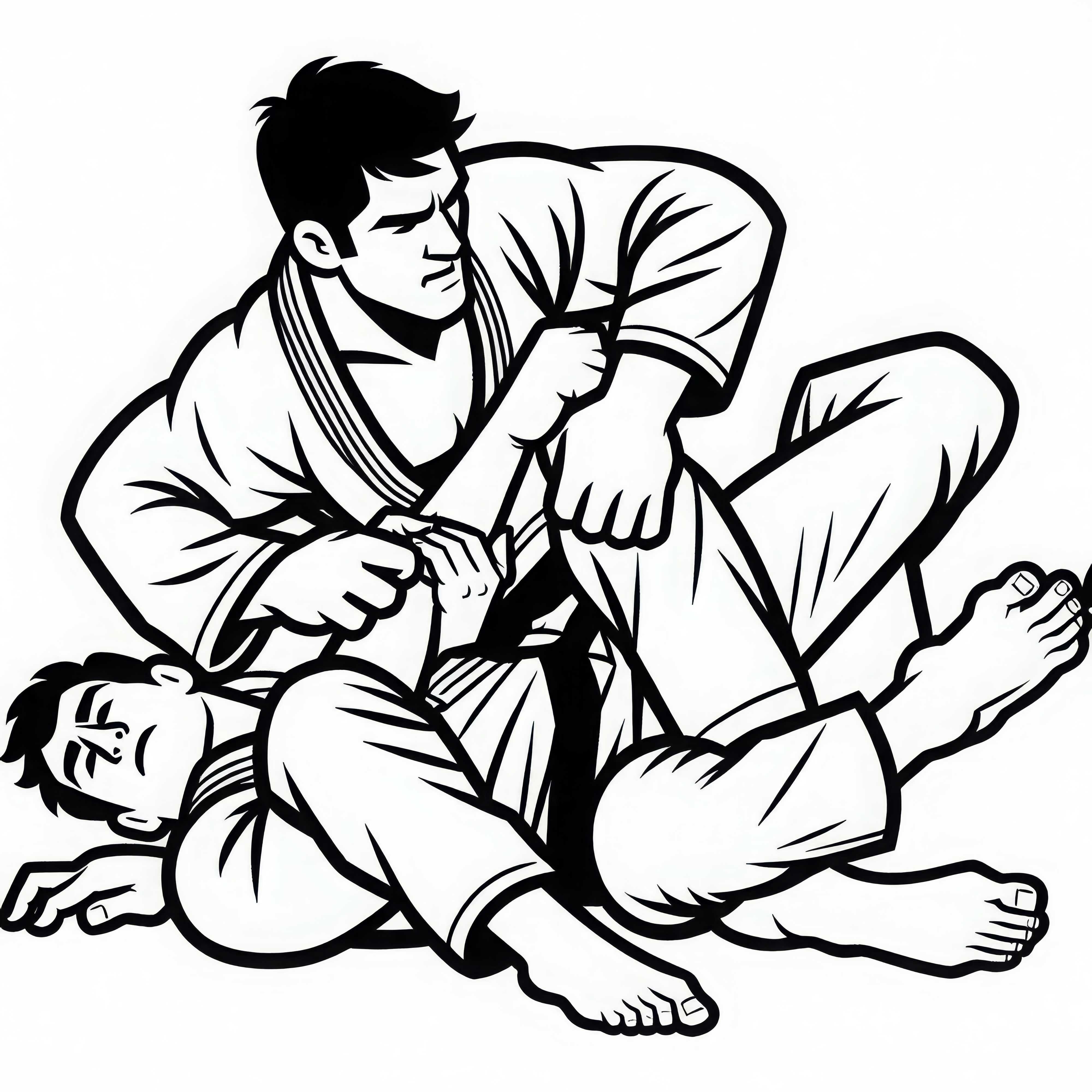Kämpfer beim Jiu-Jitsu setzt Armbar-Hebel an – Ausmalbild kostenlos