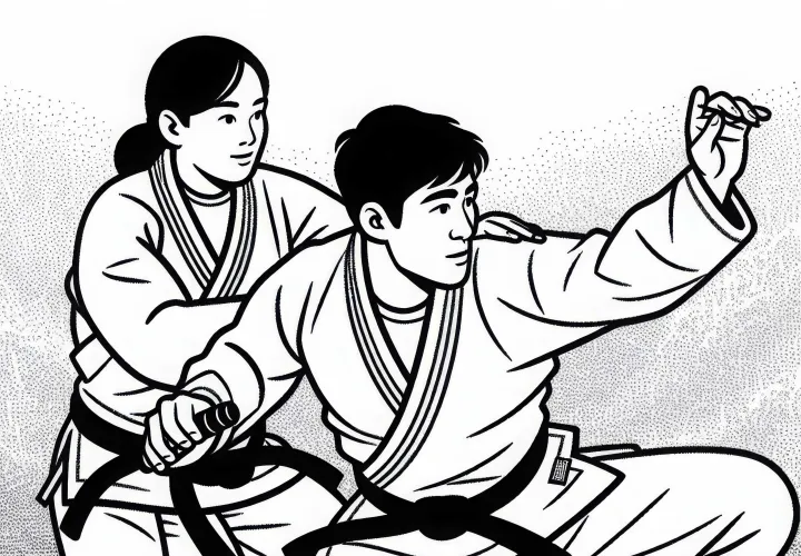 Two fighters practice different techniques in Jiu-Jitsu training