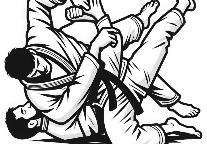 Jiu-Jitsu BJJ Kämpfer bei Takedown – Ausmalbild gratis
