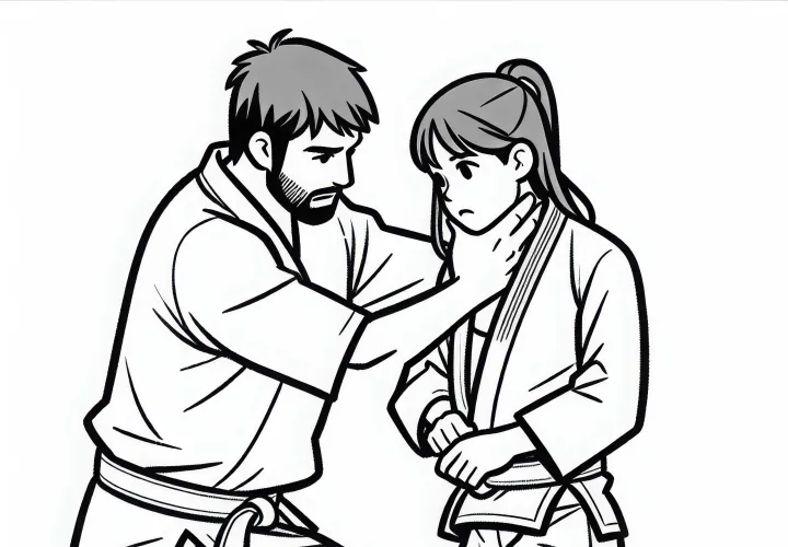 Jiu-Jitsu coach shows student how to properly apply a triangle choke – Free coloring page