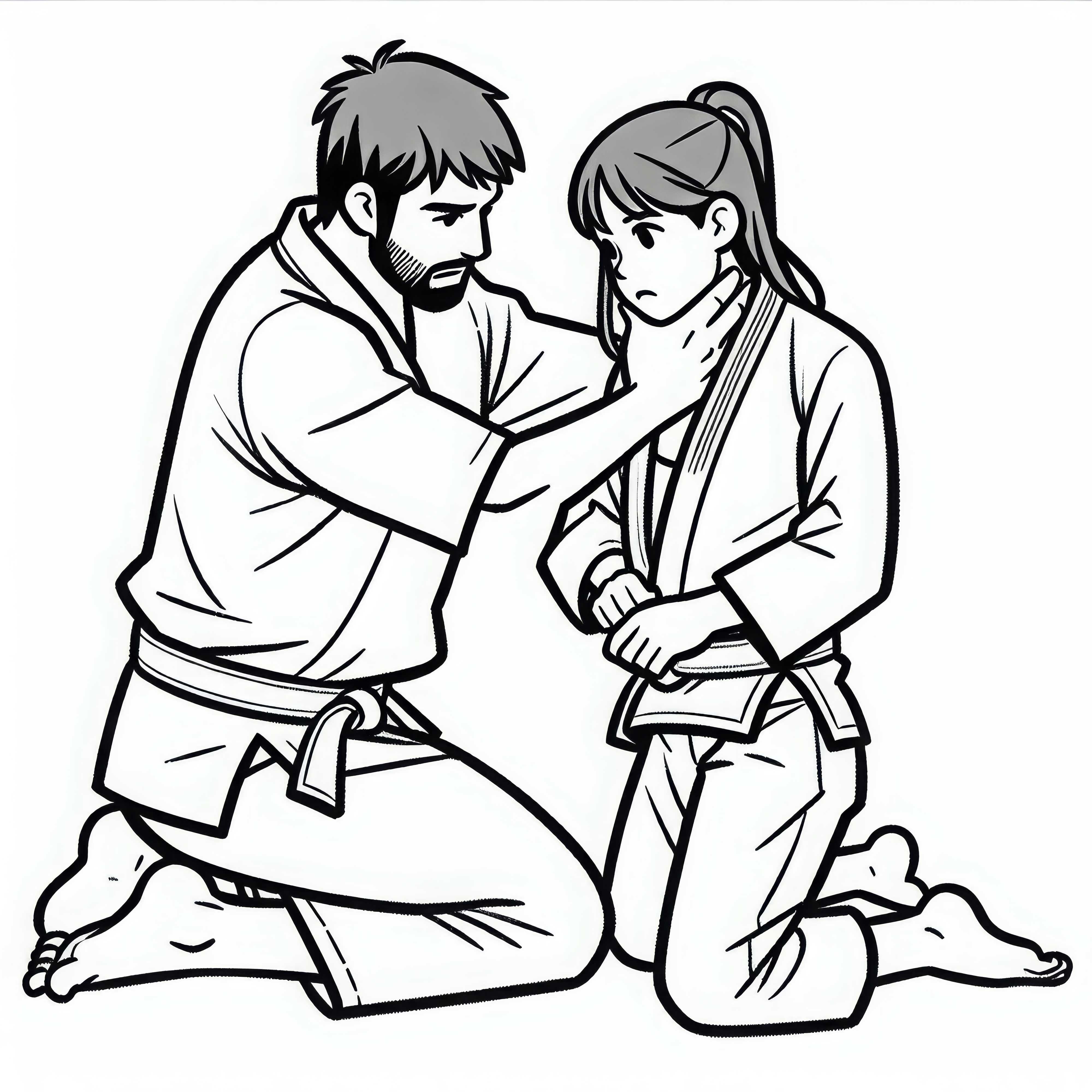 Jiu-Jitsu-Coach zeigt Schülerin, wie man einen Triangle Choke richtig ansetzt – Ausmalbild kostenlos Jiu-Jitsu-Coach zeigt Schülerin, wie man einen Triangle Choke richtig ansetzt – Ausmalbild kostenlos