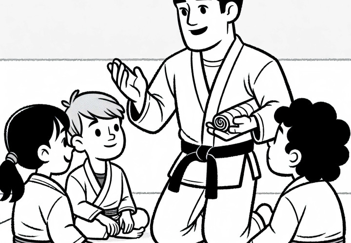 Schwarzgurt-Kämpfer erklärt im Jiu-Jitsu (BJJ) Anfängern eine neue Technik – Malvorlage kostenlos