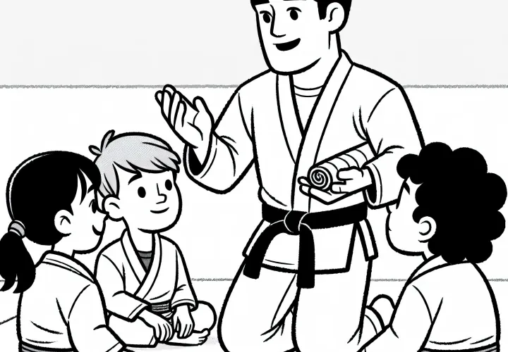 Black belt fighter explains a new technique in Jiu-Jitsu (BJJ) to beginners – Free coloring template