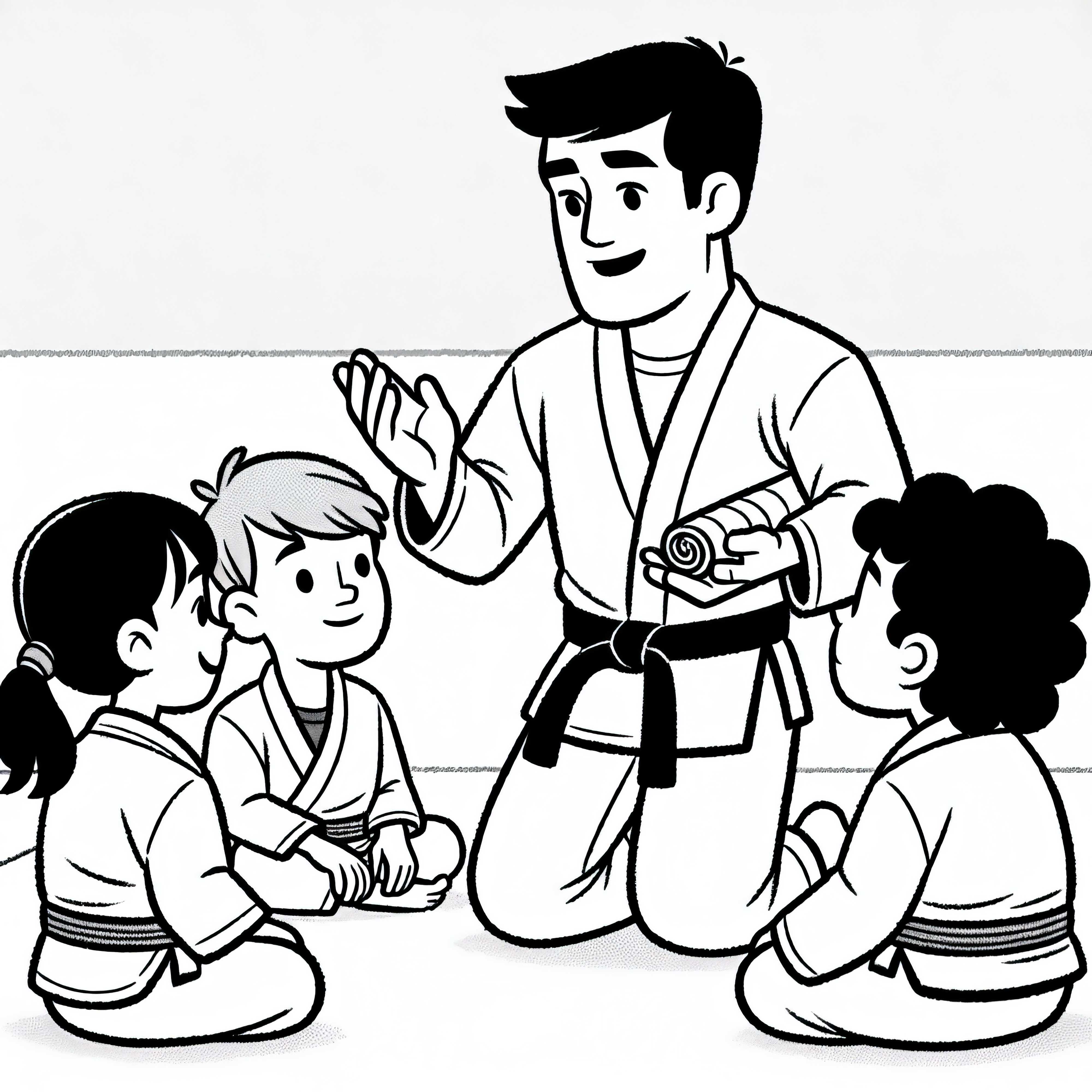 Schwarzgurt-Kämpfer erklärt im Jiu-Jitsu (BJJ) Anfängern eine neue Technik – Malvorlage kostenlos