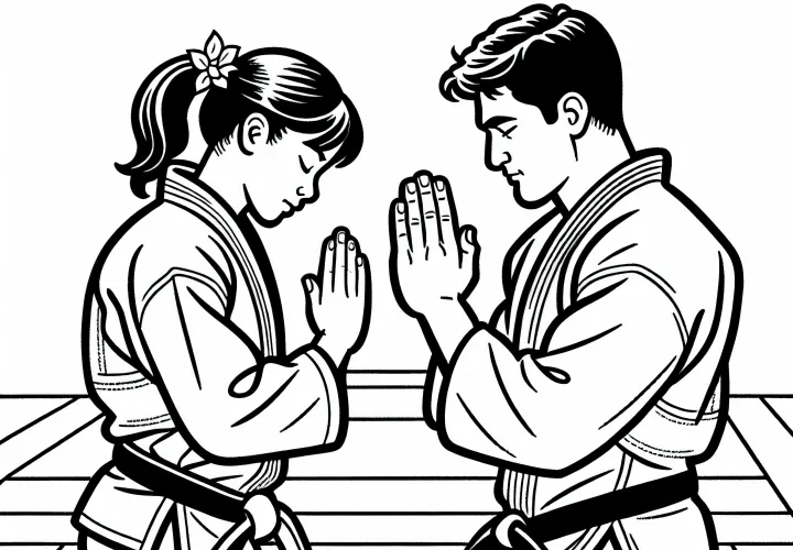 Two judokas bow to each other - coloring template free