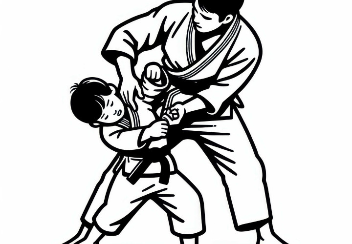 Treinador de judô mostra técnica de arremesso para crianças - Desenho para colorir grátis Treinador de judô mostra técnica de queda para crianças - Modelo para colorir grátis