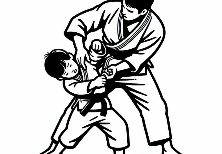 Judo coach shows child throwing technique coloring template free