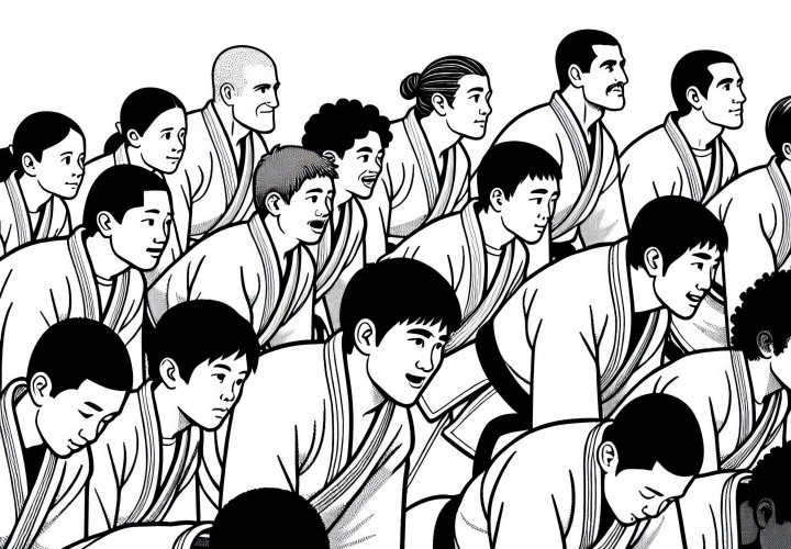 Grupo de judocas faz flexões para aquecer - Desenho para colorir gratuito Grupo de judocas faz flexões para aquecimento - Desenho para colorir gratuito