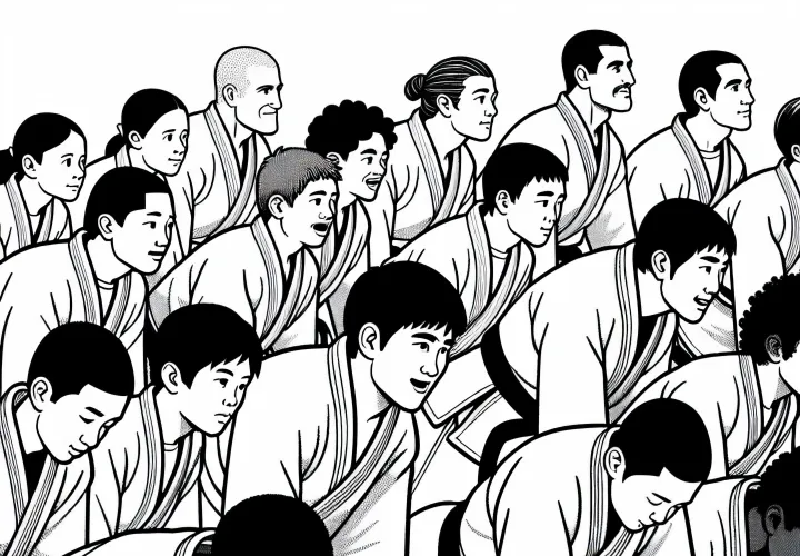Group of judokas doing push-ups to warm up - Free coloring page
