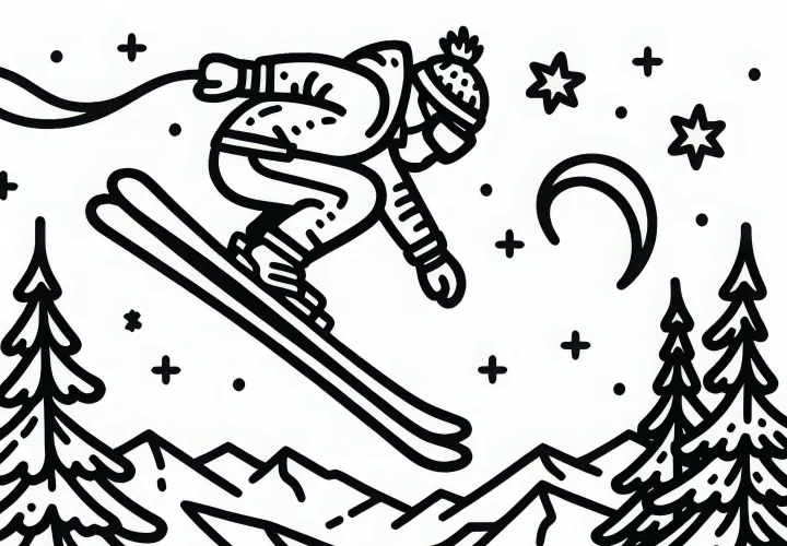 Skier jumps in the air - coloring page easy free