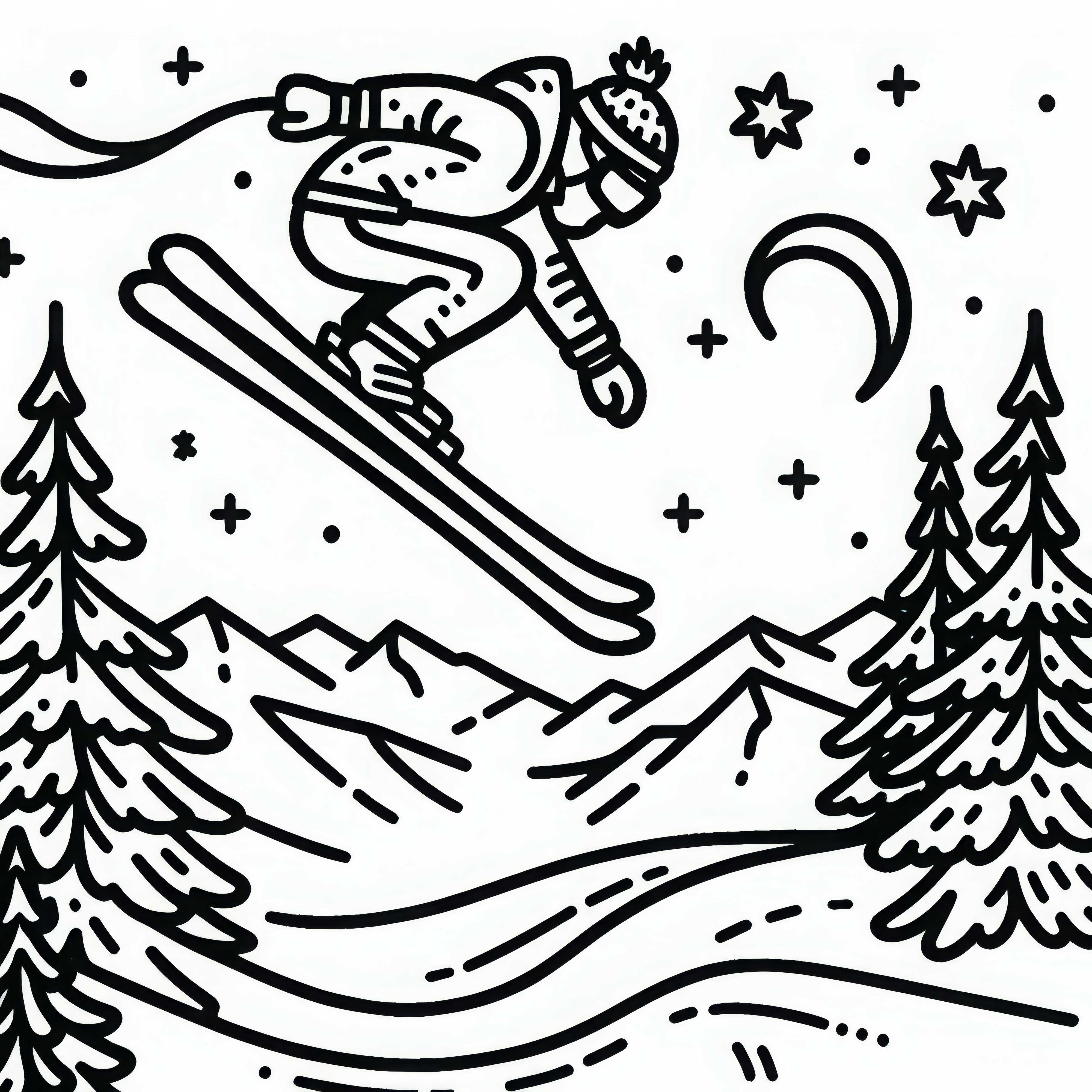 Skifahrer macht Sprung in der Luft – Ausmalbild einfach kostenlos