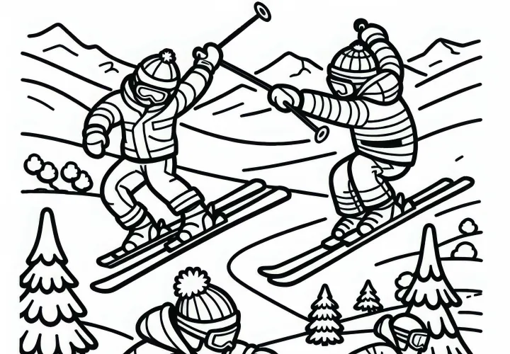Kids in freestyle skiing – coloring page free and simple