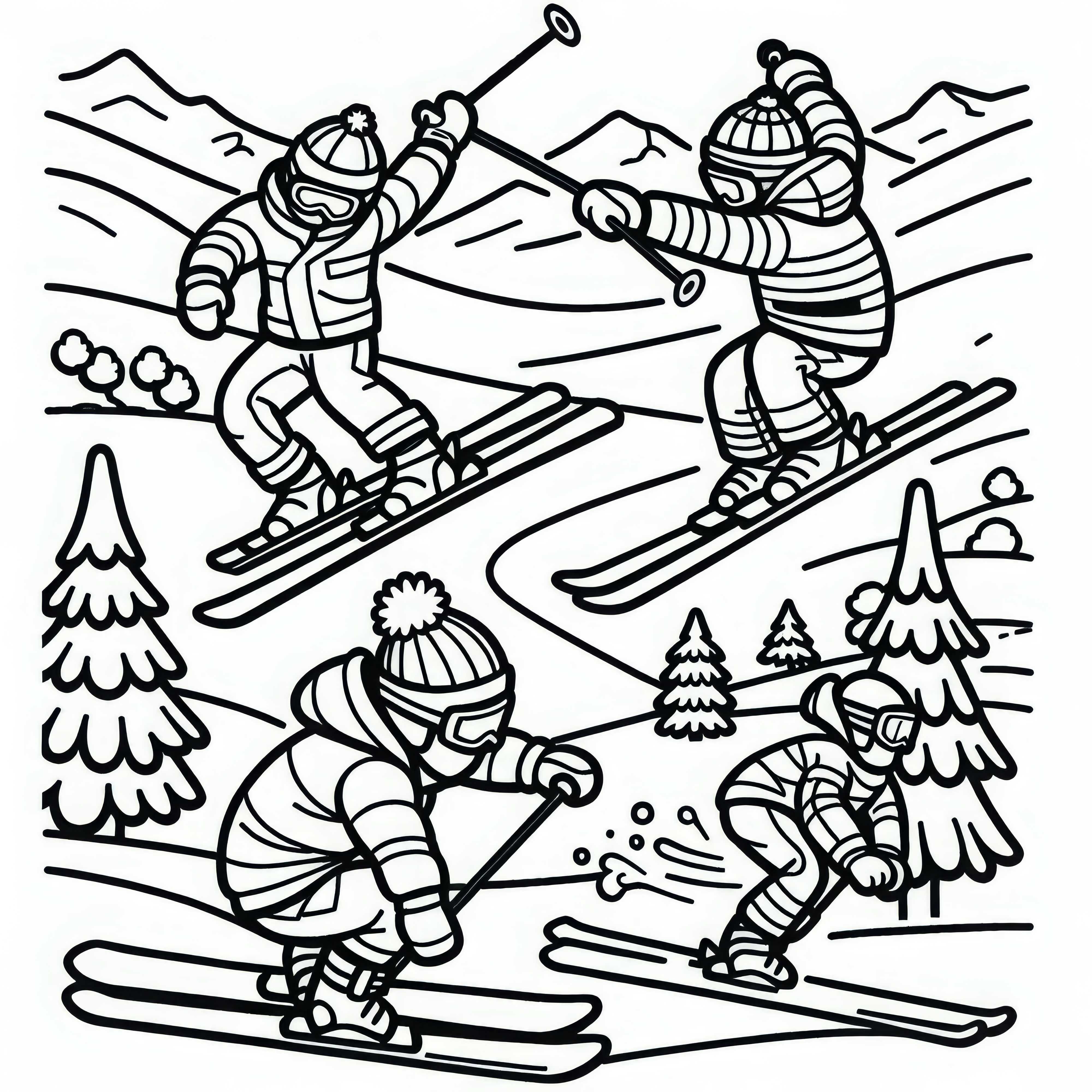 Kinder beim Freestyle-Skiing – Ausmalbild einfach gratis