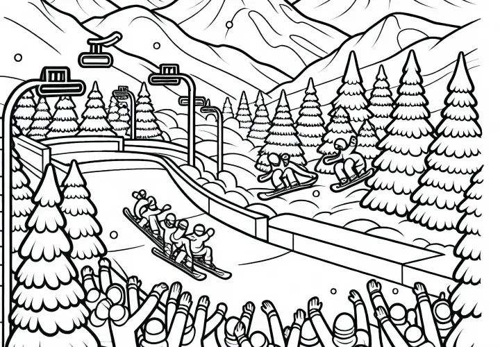 Audience cheers at the edge of a snowpark slope - free coloring page