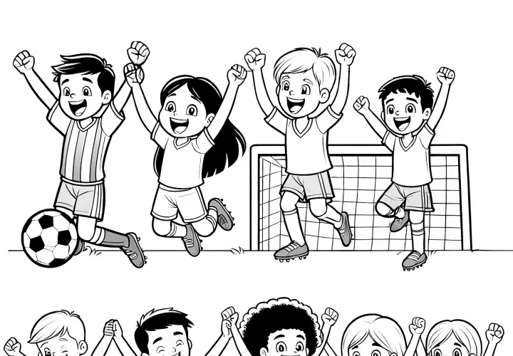 Equipo de jugadores celebra tras el éxito en el fútbol - dibujo para colorear gratuito para descargar