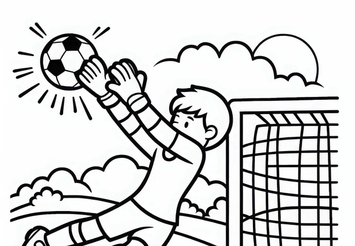 Portero de fútbol hace una parada y atrapa el balón – Plantilla para colorear gratis