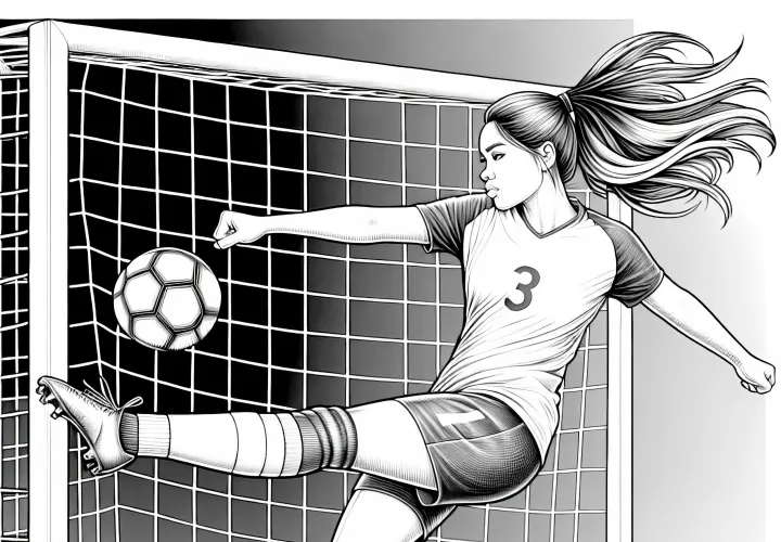 Plantilla de dibujo gratuita: Jugadora de fútbol patea el balón hacia la portería - detallada